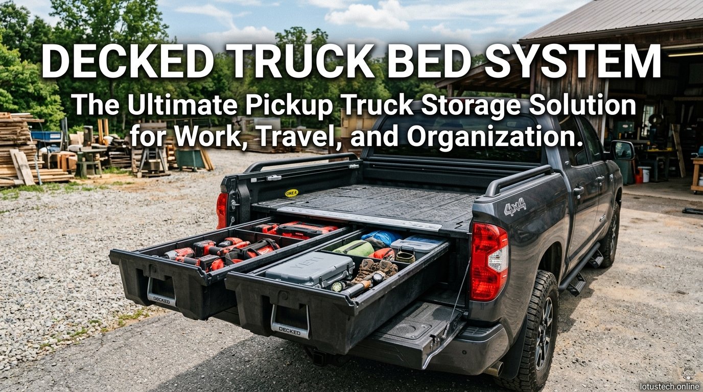 Decked truck bed storage system installed in pickup truck with organized drawers and durable cargo space