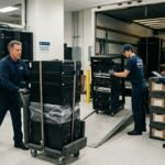 Professional IT equipment movers carefully transporting and relocating sensitive server and computer hardware in a secure data center environment